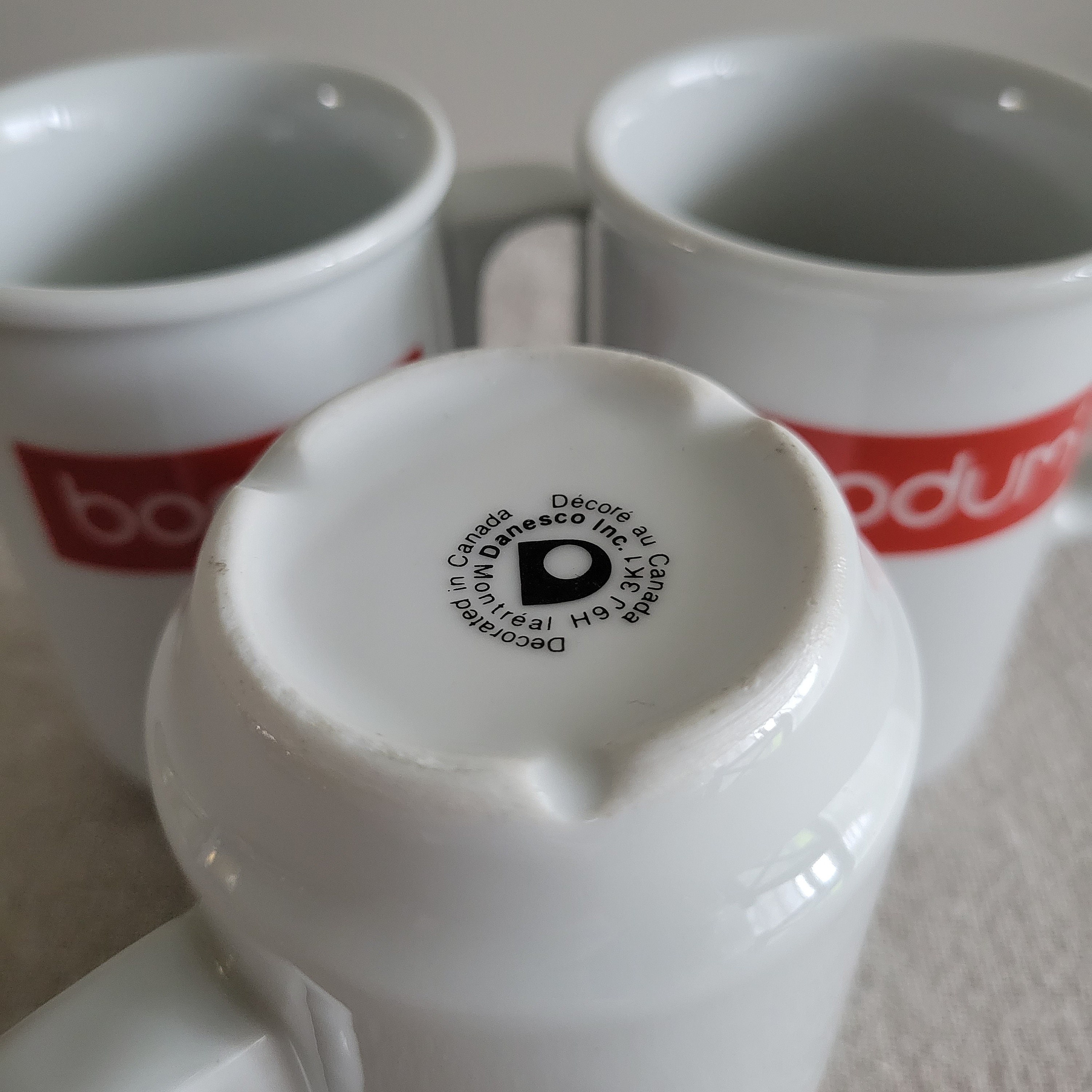 Set of 3 Danesco Bodum Coffee Cups, White Ceramic With Red Logos //  Scandinavian Danish Modern Design Drinkware 