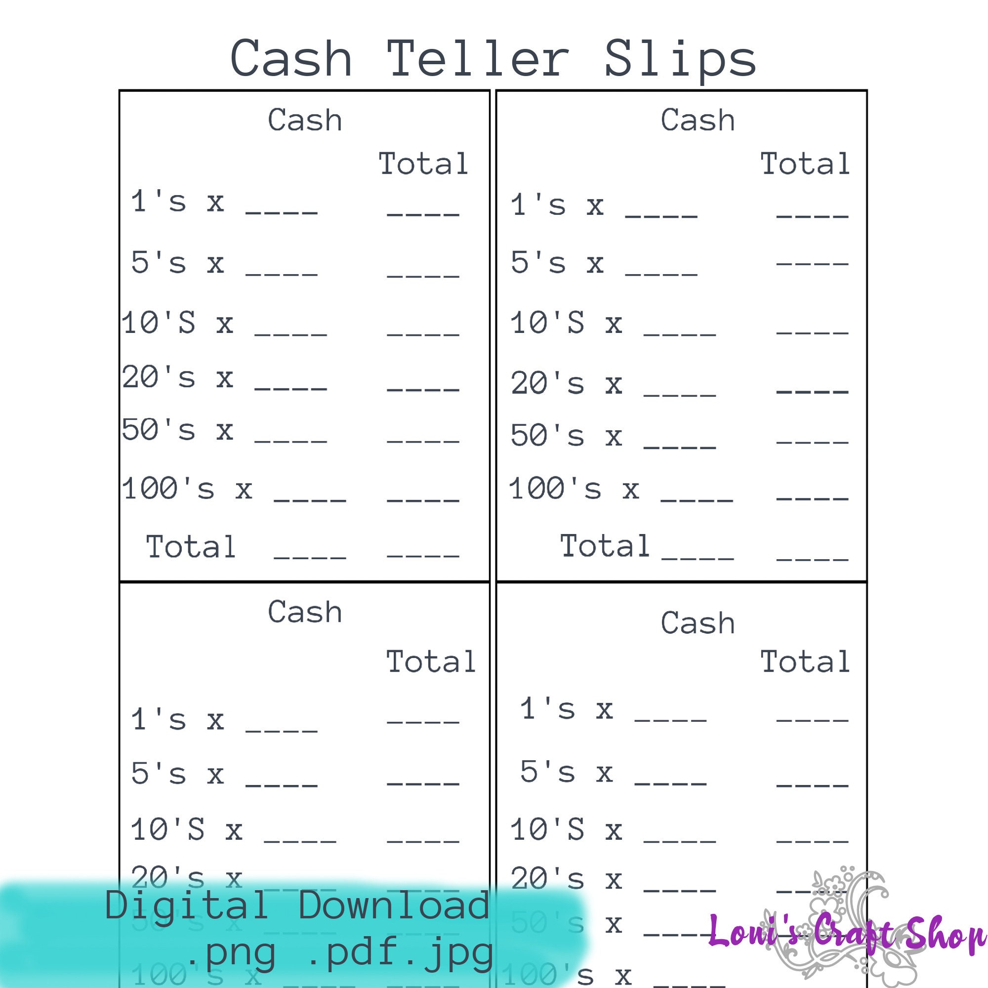 Cash Bank Teller Slips Digital Download .pdf .png .jpg .svg | Etsy