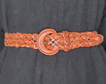 Vintage Woven Leather Belt: Solid Brass Buckle, Made in  display picture 2