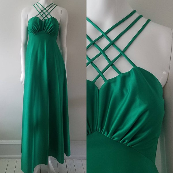 Vintage Emerald Green Floor Length Dress With Crisscross Strap Neckline / Empire Waist / XS
