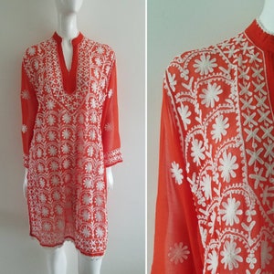Vintage Sheer Orange and White Embroidered Kurta / Kurti / Indian Top