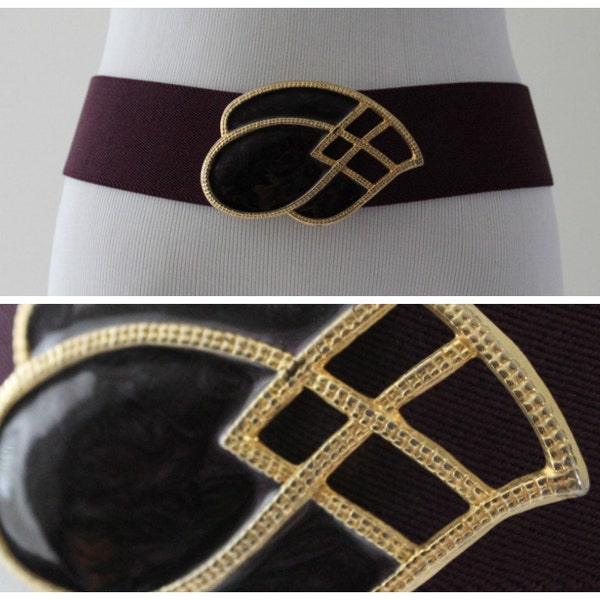 Day Lor Dark Purple Elastic Belt With Large Purple and Gold Buckle / Aubergine / Eggplant / 1980s