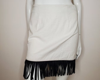 White Jean Skirt With Black Fringe / 90s Grunge