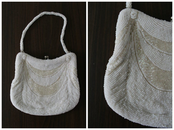 White Beaded Evening Bag, Vintage Formal Cocktail Handbag