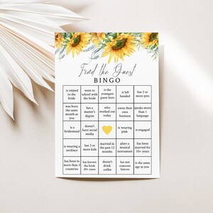 Bridal Bingo Bridal Shower Game-Sunflower Bridal Bingo Find the Guest Bridal Shower Game-Floral Bridal Bingo Game-Instant Download-SF12