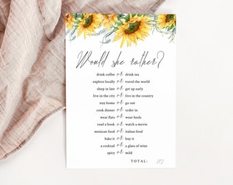 Would She Rather Bridal Shower Game-Sunflower Would She Rather Bridal Shower Game-Floral Would She Rather-Editable-Instant Download-SF12