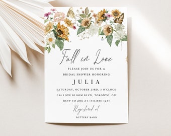 Fall in Love Sunflower Bridal Shower Invitation-Sunflower and Butterfly Bridal Shower Invitation-Instant Download-Yellow Sage Greenery Pink