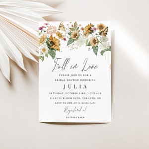 Bridal shower invitation titled with script Fall in Love and detailed with subtle sunflower,butterfly and sage greenery watercolour clipart.