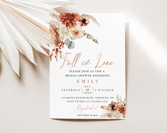 Fall In Love Bridal Shower Invitation-Fall Floral Bridal Shower Invitation-Instant Download-Terracotta Fall Floral Bridal Shower Invitation