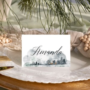 Winter Lake Guest Place Cards-Wedding Name Cards-Cottage-Deer-Modern-Printable and Editable Template-2 x 3
