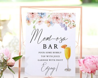 Pastel Floral Mom-osa Bar Sign Template-Floral Mimosa Bar Sign Set-Spring Floral Drink Sign-Editable Template-Juice Tags-Food Labels