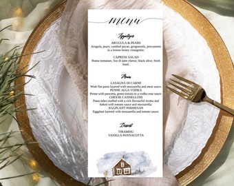 Winter Lake and Cottage Menu-Printable and Editable Template-Name and Date-4 x 9-Winter Wedding-Christmas Menu