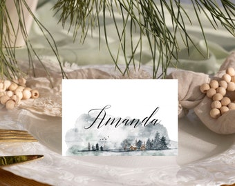 Winter Lake Guest Place Cards-Wedding Name Cards-Cottage-Deer-Modern-Printable and Editable Template-2 x 3
