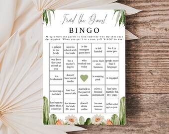 Finden Sie das Gast-Bingo-Brautparty-Spiel-Kaktus Let's Fiesta-Brautparty-Bingo-Spiel-Wüstenthema-Spiel-Bearbeitbare Vorlage-Brautparty-Spiele