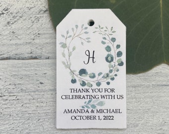 Thank You for Celebrating with Us Favor Tags with Name & Date-Initial or Monogram-Personalized Tags-Wedding Favour Tags-Greenery-Eucalyptus