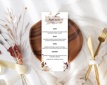 Thanksgiving Menu Editable-White Pumpkins-Fall Leaves-Fall Wedding-Thanksgiving Dinner Menu-Printable and Editable Template-4 x 9