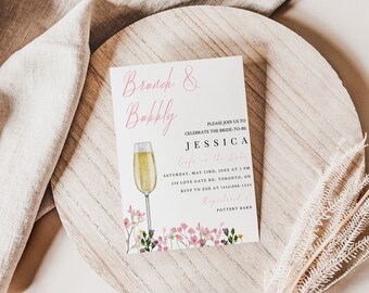 Brunch and Bubbly Bridal Shower Invitation Template-Wildflower Petals and Prosecco Invitation-Editable-Download-Printable-5 x 7