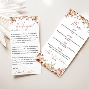 May include: A wedding thank you card and menu with a floral design. The thank you card has a handwritten message expressing gratitude to guests. The menu lists the soup, entree, sides, and dessert served at the wedding reception. The text on the menu reads "Antonia & Archer's".