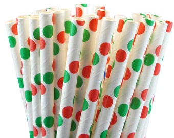 25 Red and Green Polka Dot Paper Straws-7.75 Inches-Christmas Party Straws-Party Straws-Shower-Wedding-Party-Biodegradable