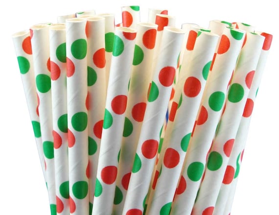 Paper 7.75-Inch Drinking Straws - Christmas Red and Green Polka Dots: 25-Piece Pack