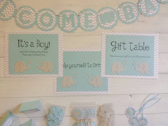 Light Blue And Grey Chevron Elephant Baby Shower Decoration Etsy