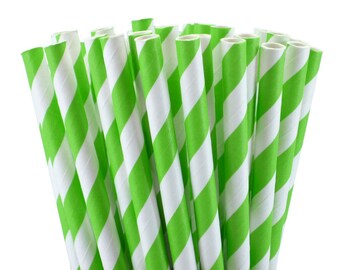 25 Jasmine Green Stripe Paper Straws-7.75 Inches-Party Straws-Baby Girl Shower-Wedding-Party-Biodegradable