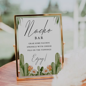 Nacho Bar Sign Set Template-Editable Nacho Bar Sign-Let&#39;s Fiesta Cactus Nacho Bar Sign and Food Labels-Desert Theme Nacho Bar Sign-Printable