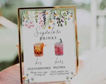 Wildflower Signature Drinks Sign Template-His & Hers Signature Cocktail Sign-Minimalist Signature Sign Menu-Editable Template-Download