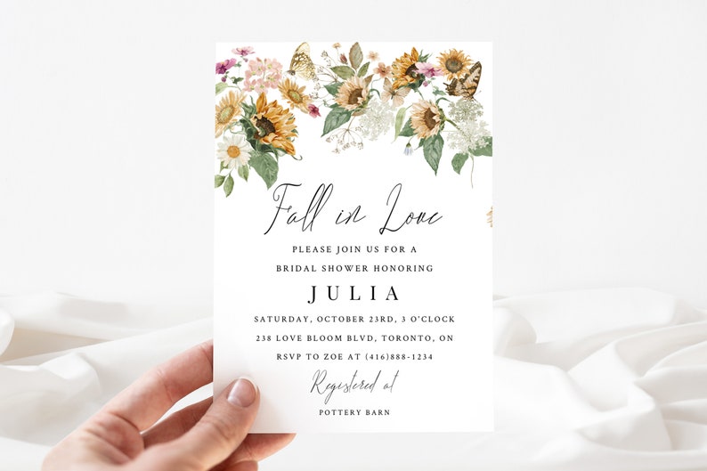 Fall in Love Sunflower Bridal Shower Invitation-Sunflower and Butterfly Bridal Shower Invitation-Instant Download-Yellow Sage Greenery Pink image 5