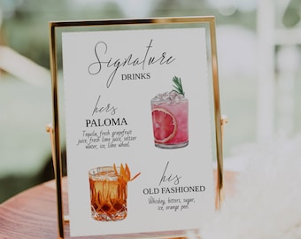 Signature Drinks Bar Menu Sign Template-His & Hers Signature Cocktails Sign-Minimalist Signature Drinks-Editable Template-Download-Printable