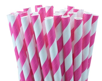 25 Shocking Pink Stripes Paper Straws-7.75 Inches-Party Straws-Shower-Wedding-Party-Biodegradable