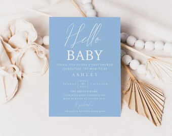 Minimalist Hello Baby Shower Invitation-Blue Modern Baby Shower Invitation-Editable Invite-Printable-Modern Baby Boy Invite