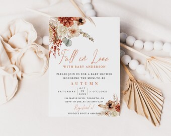 Fall In Love Baby Shower Invitation-Fall Floral Baby Shower Invitation-Instant Download-Terracotta Fall Floral Baby Shower Invitation-Autumn