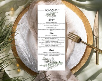 Menú de vegetación invernal-Descargar-Plantilla editable-Nombre y fecha-4 x 9-Boda de invierno-Menú de cena de Navidad-Eucalipto-Ramas de pino-PDF-JPEG