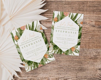 Let's Fiesta Bridal Shower Invitation-Cactus Desert Bridal Shower Invite-Cactus Border Invitation-Orange Cactus-Editable Invite-Printable