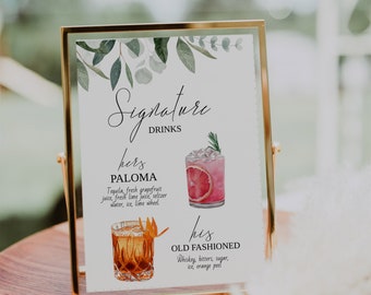 Signature Drinks Bar Menu Sign Template-His & Hers Signature Cocktails-Eucalyptus Greenery-Editable Drink Sign-Template-Download-Printable