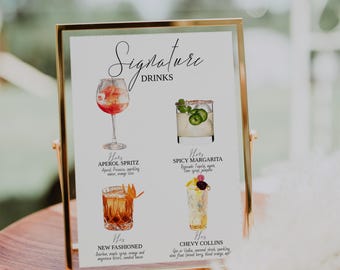 Signature Drinks Sign Template-His & Hers Signature Cocktail Sign-Minimalist Signature Sign Menu-Editable-Printable-Four Drinks Bar Menu