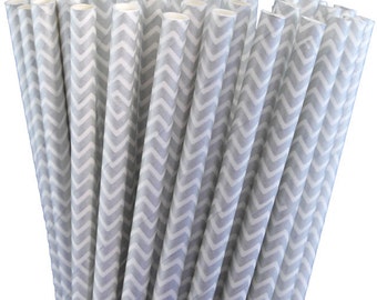 25 Silver Chevron Paper Straws-7.75 Inches-Metallic Silver-Party Straws-Shower-Wedding-Party-Biodegradable