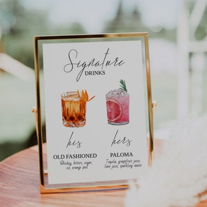 Signature Drinks Sign Template-His & Hers Signature Cocktail Sign-Minimalist Signature Sign Menu-Editable Template-Download-Printable