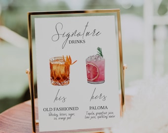 Signature Drinks Sign Template-His & Hers Signature Cocktail Sign-Minimalist Signature Sign Menu-Editable Template-Download-Printable