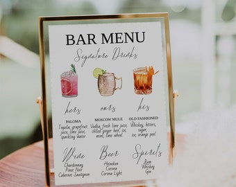 Signature Drinks Bar Menu Sign Template-His Hers Signature Cocktail Sign-Minimalist Signature Sign Menu-Editable Template-Download-Printable