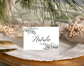 Winter Greenery Guest Place Cards-Wedding Name Cards-Modern-Printable and Editable Template-2 x 3-Winter Wedding-Christmas Dinner