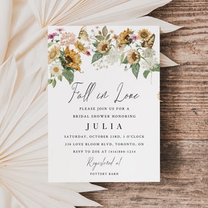 Fall in Love Sunflower Bridal Shower Invitation-Sunflower and Butterfly Bridal Shower Invitation-Instant Download-Yellow Sage Greenery Pink image 2