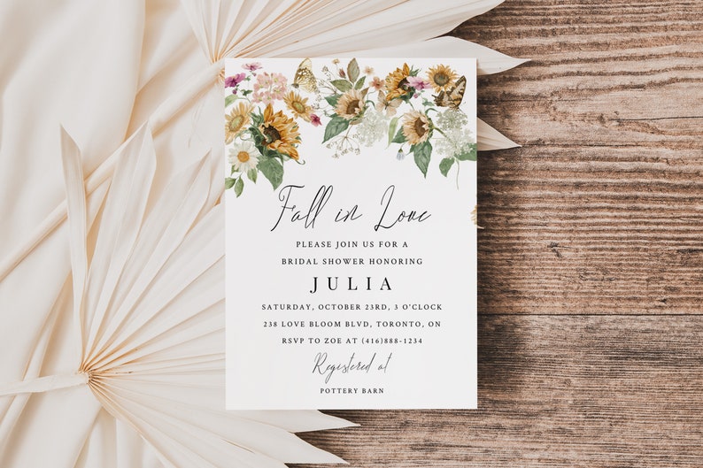 Fall in Love Sunflower Bridal Shower Invitation-Sunflower and Butterfly Bridal Shower Invitation-Instant Download-Yellow Sage Greenery Pink image 2