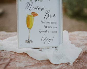 Cartello bar Mom-osa e cartellini per succhi abbinati - Decorazioni rustiche per baby shower con verde - Cartello bar Mimosa - Decorazioni per baby brunch neutre per genere - Italia