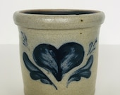 Vintage Rowe pottery glazed crock heart stencil design container