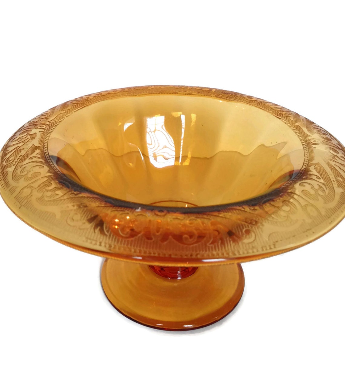 Vintage amber glass pedestal bowl embossed rolled edge Etsy