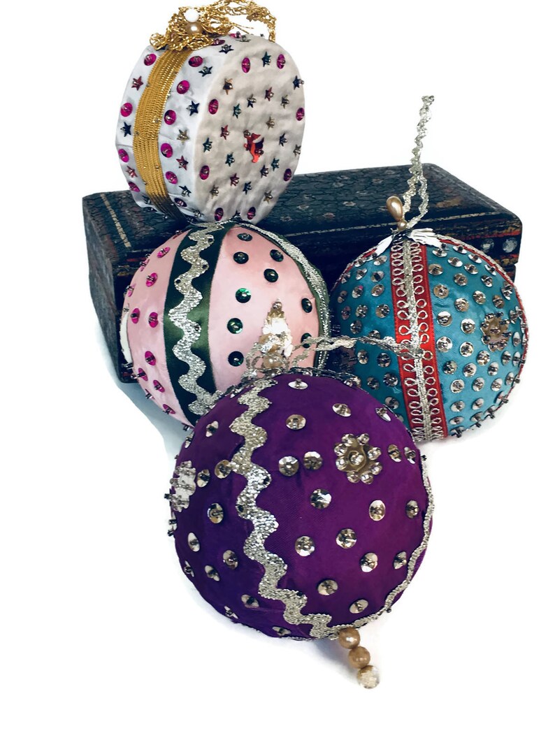Vintage Handmade Christmas Ornaments Silk Wrapped Sequins and Etsy