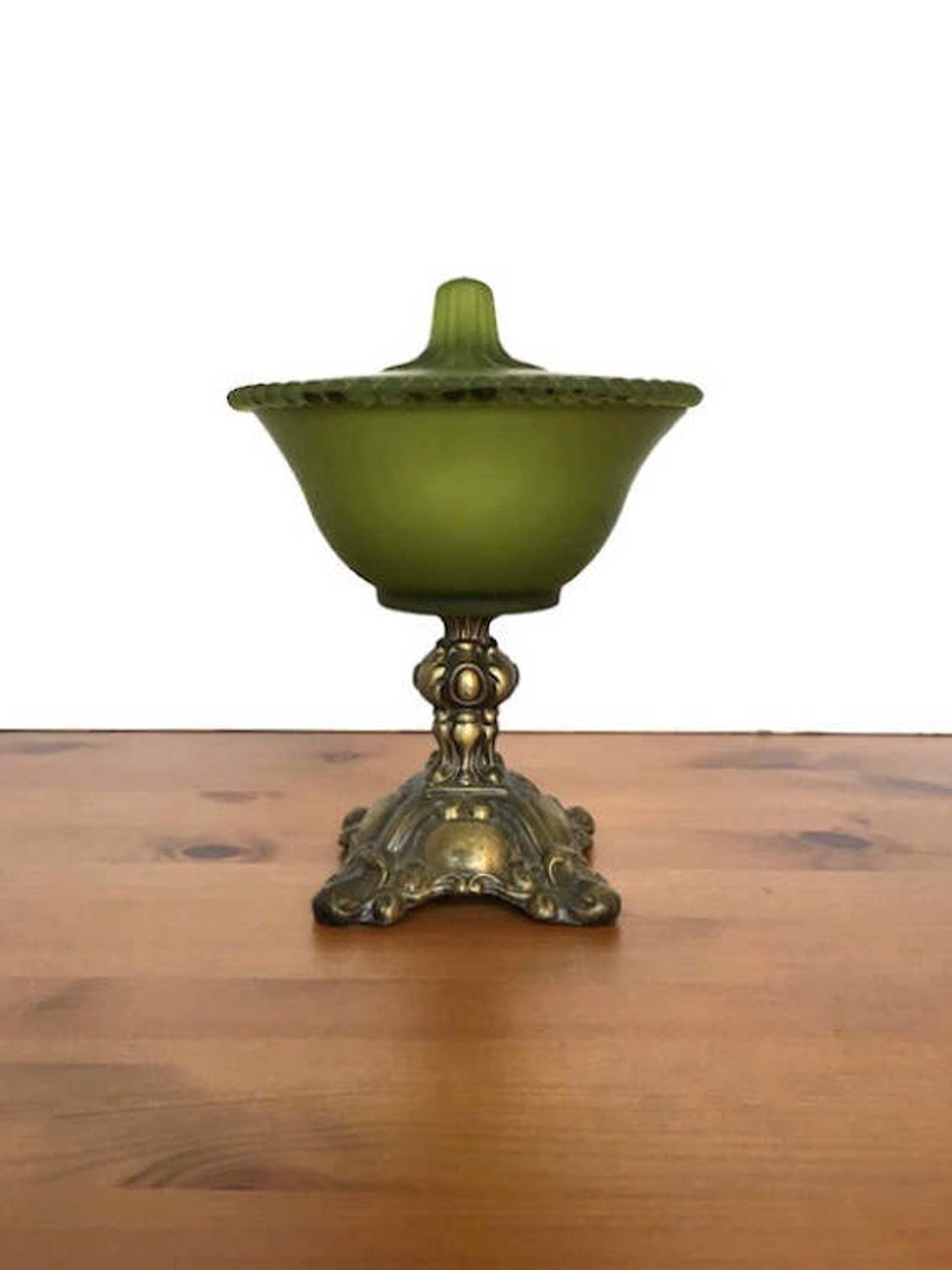 Frosted green glass bowl Brass base lidded candy dish metal Etsy