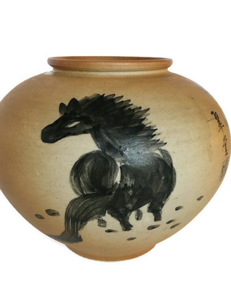 Black stallion clay vase vintage hand formed painted horse Etsy